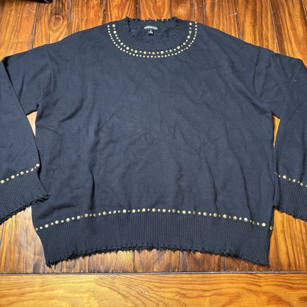 Minnie Rose Black Studded  Distressed Sweater Pullover Cashmere Blend New A1724